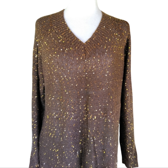 Soft Surroundings Chocolate Brown Gold Sequin Open Knit V Neck Size Medium - Picture 4 of 9